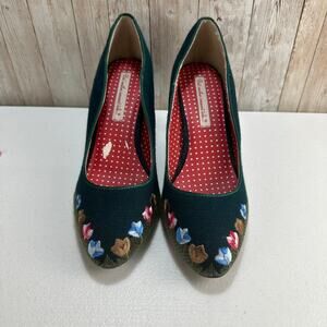 Mod Cloth Heel‎ Pump Shoes Womens 9 Dark Teal Green Tulip Embroidered Floral